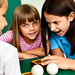 A classroom scene with children actively engaged in a game-based assessment. The atmosphere is lively and fun, with elements of competition and teamwork visible. The game should be educational, subtly testing knowledge and skills.