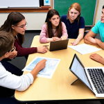 **

Students collaborating on a group project in a digital classroom using Teams, sharing files, exchanging ideas, and teachers monitoring progress.

**