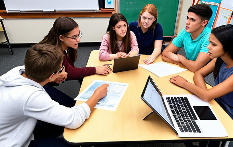 **
Students collaborating on a group project in a digital classroom using Teams, sharing files, exchanging ideas, and teachers monitoring progress.
**